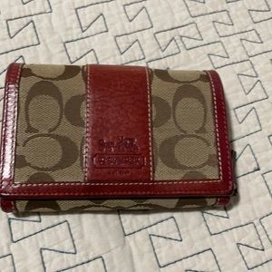 Coach red & tan sig jacquard tri fold wallet